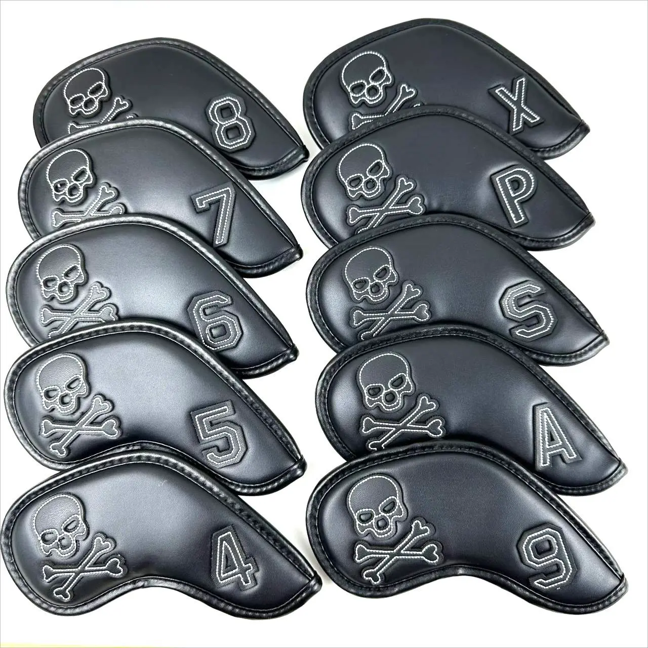 

10 Pcs Pu Leather Golf Iron Cover Black Skull Golf Club Cap Cover Accessories