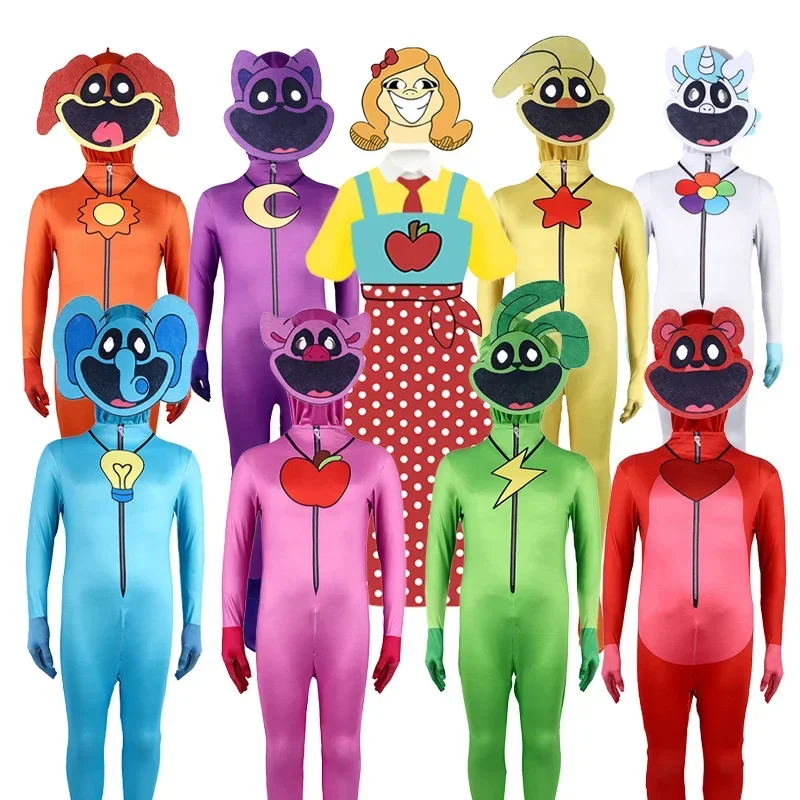 

2025 Popular Smiling Critters Cosplay Costume Aminal Purple Cat Catnap Elephant Bear Bodysuit Jumpsuit Mask Boy Girls Adult