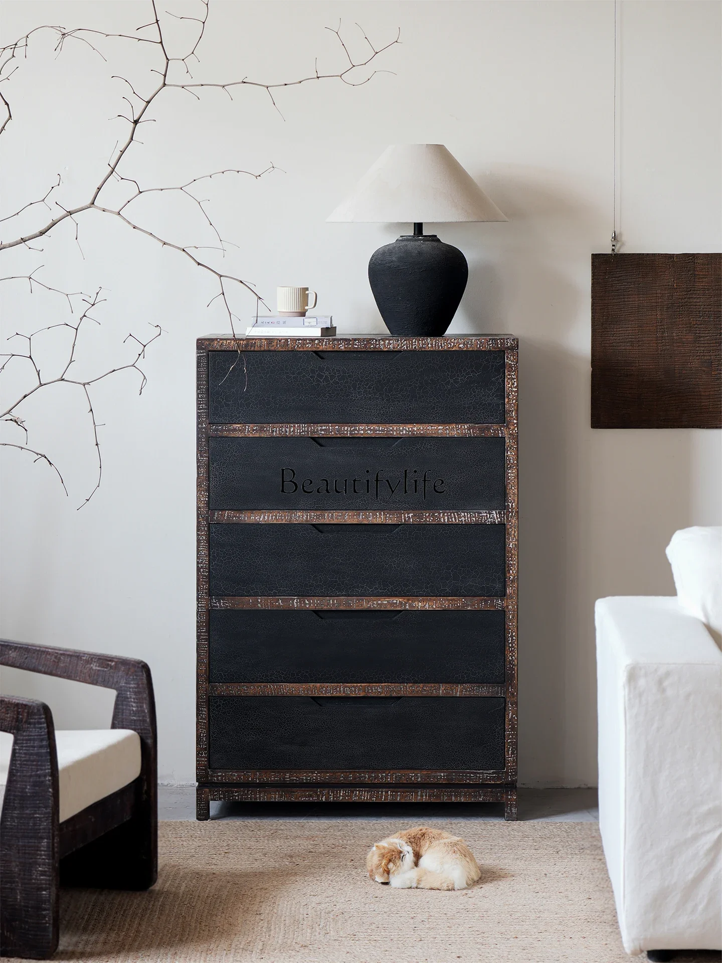 

P13Wabi Sandy Wind Solid Wood Bucket Cabinet Living Room Wall Entrance Decorative Cabinet