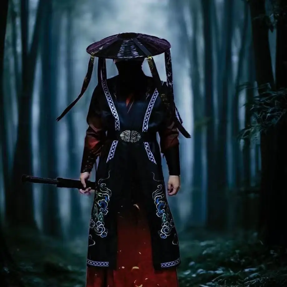 أسود هالوين المبارز Hanfu الرجال النساء التقليدية الصينية عبر طوق الملابس أنيق الحدث ليلة Wuxia الدفاع عن النفس كوس زي #2