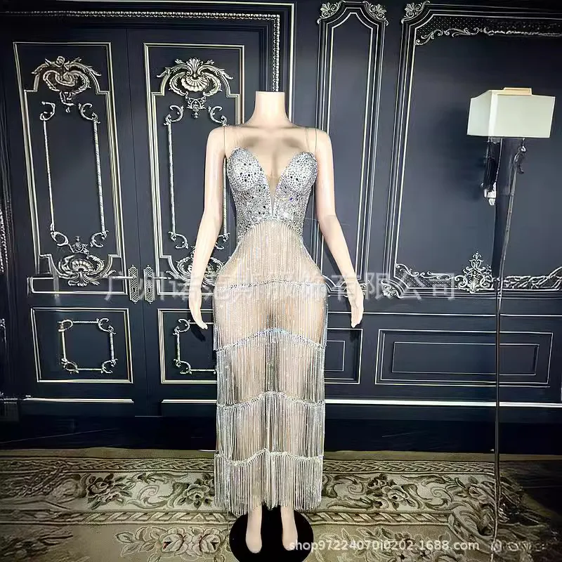 Kostuum Bloem Streep Gouden Kwastje Mouwloze Lange Panty Jurk - Sexy Voor Catwalk Gastheer Zanger & Model Body Transparente Flecos