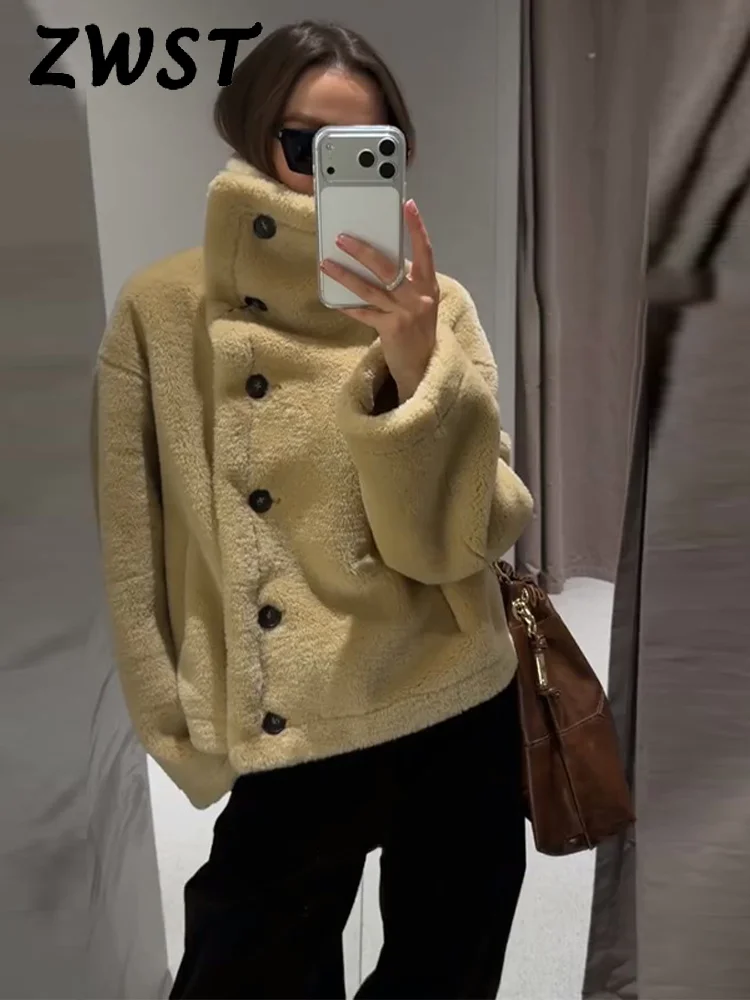 

Повседневное теплое пальто из овечьей шерсти в стиле пэчворк, женское однобортное свободное пальто с двусторонним воротником-стойкой, 2026, весенняя теплая верхняя одежда