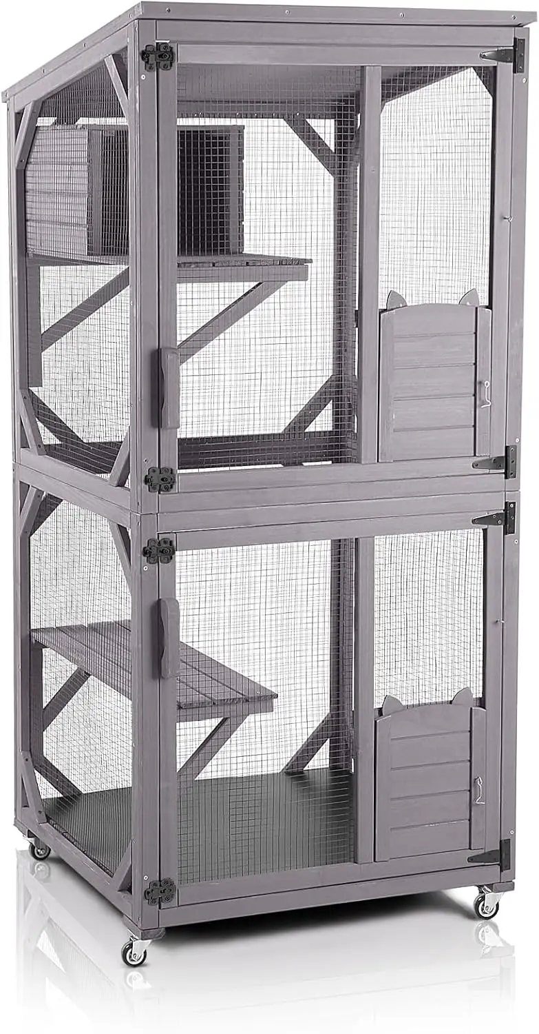 GUTINNEEN Cat House Outdoor Cage Cat Enclosure on Wheels,Large Wooden Kitty Catio with Resting Box,