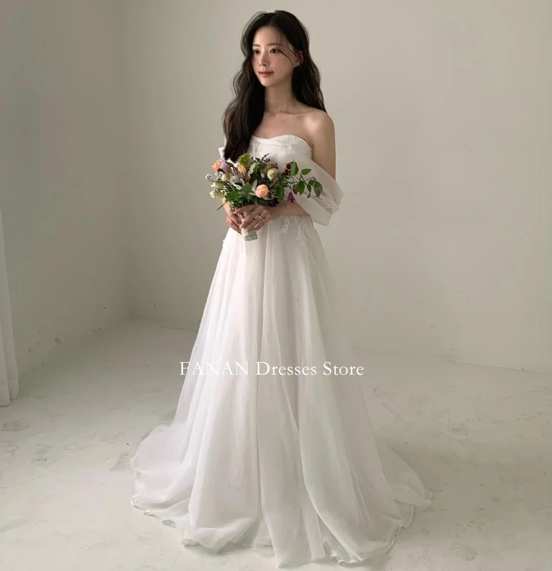 FANAN Korea Off Shoulder Tulle Appliques White Wedding Dresses 웨딩드레스 Short Sleeves Corset Custom Made Bride Gowns Plus Size