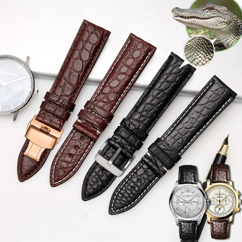 High quality Crocodile Skin WatchBand 18mm 19mm 20mm 22mm 23mm Men Watch Strap Genuine Leather Bracelet Stainless steel buckle