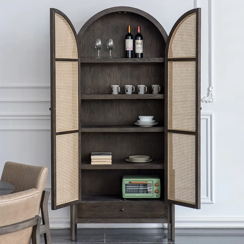 Nordic retro wardrobe ash wood B & B double door multi-functional arched cabinet old black rattan storage locker