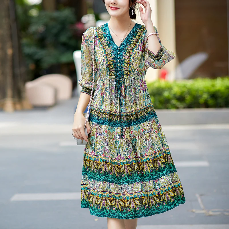 New 100% Real Silk Summer Dresses For Women Elegant V-neck High Waist Drawstring Women's Print Dress A-line Woman Long Dress