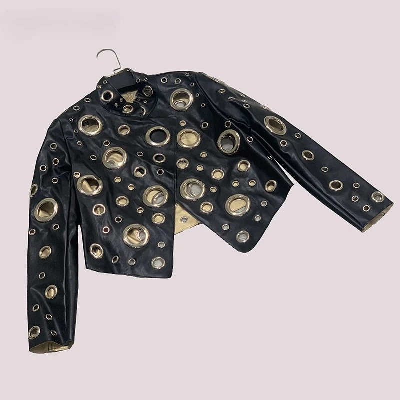 Original Splicing Contrasting Colors Hollow OutSweet Cool Women's Short Coat Spring Autumn Pu Leather Collar Pu Jacket Ladies