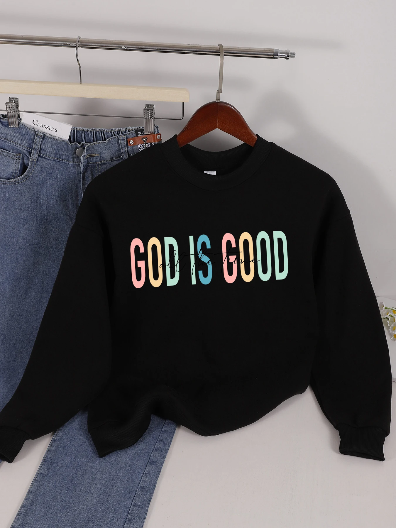 

God Is Good Letter Design Womens Sweatshirt Trendy Crewneck Streetwear Loose Comfortable Pullovers Fleece Autumn Clothing