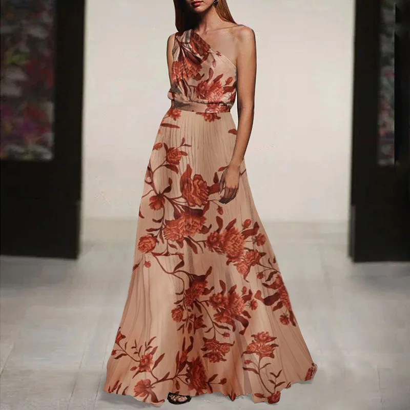 

Сексуальное платье с принтом на одно плечо, в уличном стиле, с высокой талией, длинная юбка для женщин, весна-лето-осень, с цветочным узором, V-образный вырез...