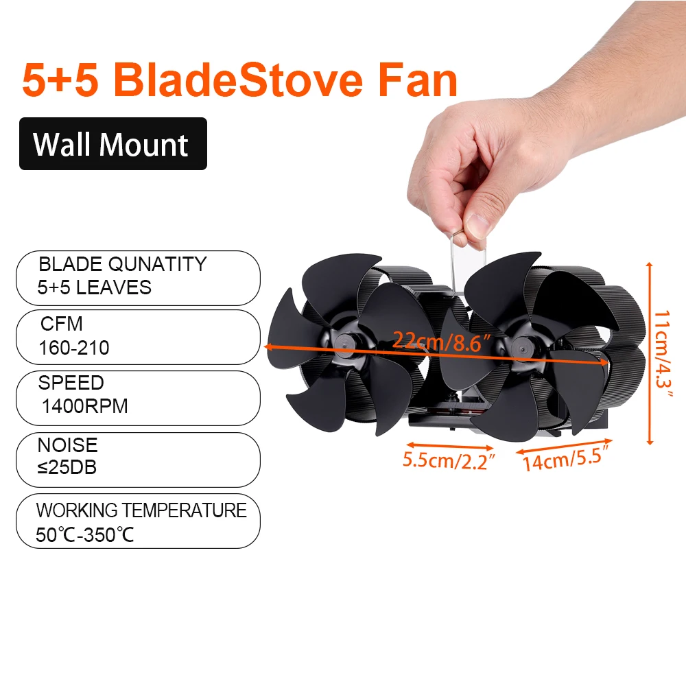 Wall-mounted 10 Blades Heat Powered Stove Fan Double Head Log Wood Burner Eco Quiet Fireplace Fan Efficient Heat Distribution