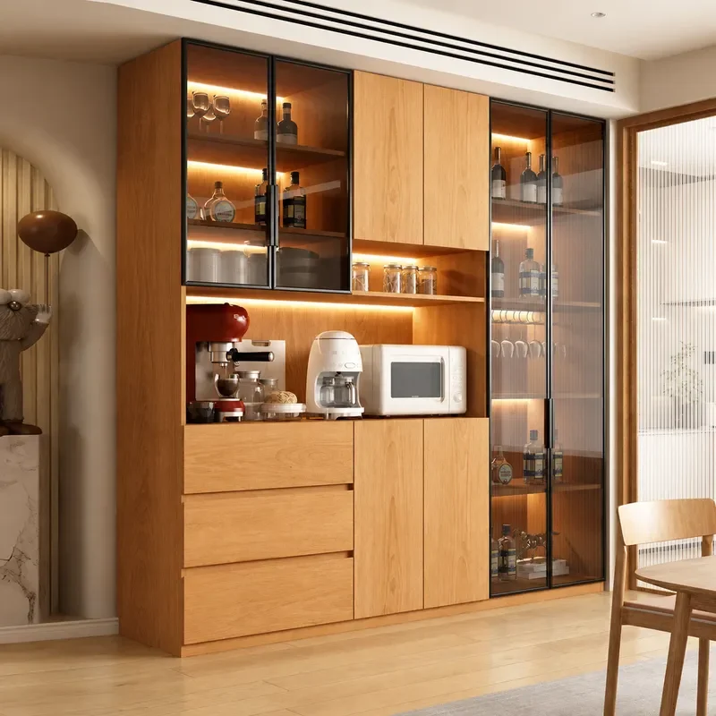 Solid Wood Oak Dining Side Cabinet Wine Storage Unit Compact Tea Cabinet for Small Apartment Kitchen Household Organizer