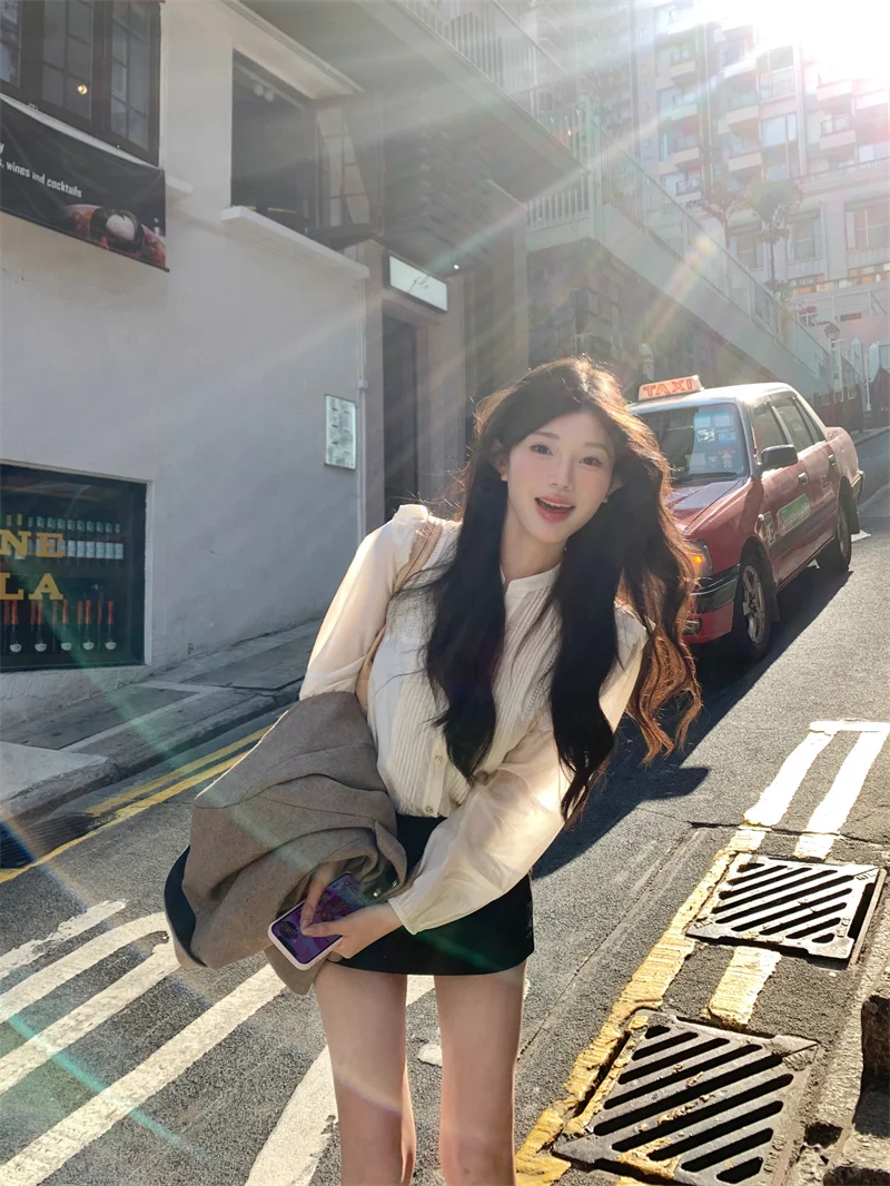 

Элегантная тонкая рубашка с длинными рукавами для женщин, свободного кроя, с круглым вырезом, на одной пуговице, в французском стиле, весенний кардиган-топ.