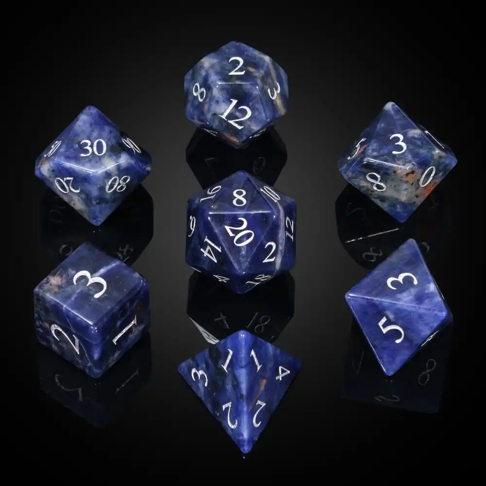 Cusdie 7Pcs Blue Stone DND Dice Handmade 16mm D4-D20 Polyhedral Dice Set with Leather Box D&D Gemstone Dices for Collection RPG