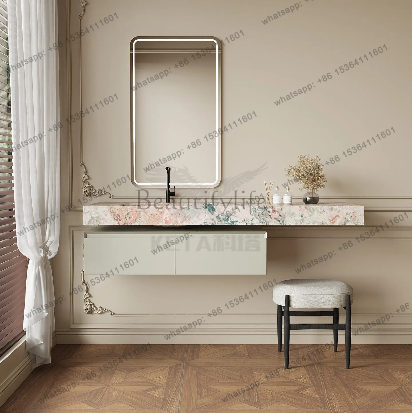 Garden Four Seasons pink rock slab hot curved wash basin bathroom cabinet vanity integrated hotel bed and breakfast bathroom