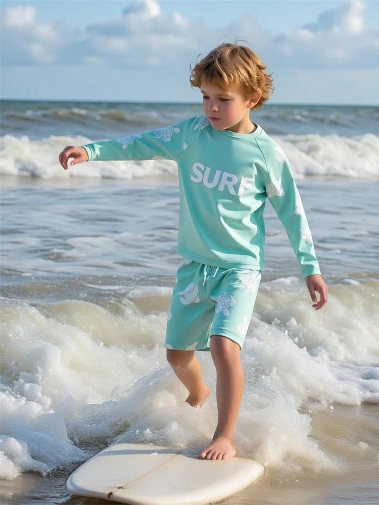 Boy Kids Swimsuit 2026 New Letter Turtle Long Sleeves Children Swimwear Summer Beachwear Shorts Two Piece Bathing Suit Swimming