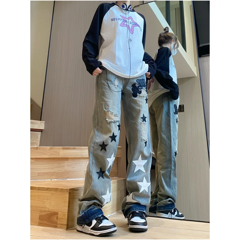 Jean Bleu Vintage pour Femme, Taille Haute, Imprimé, Mode Américaine Y2K, Streetwear, Jambes Larges, Surintendant, Pantalon en Denim Baggy, Nouvelle Collection