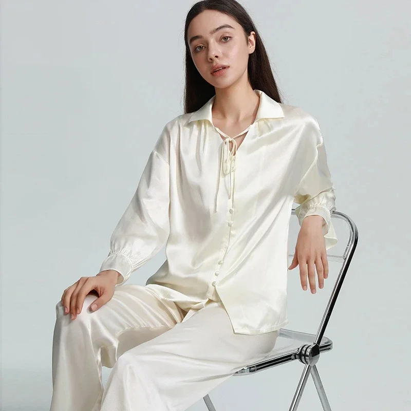 

100% Mulberry Silk Autumn Winter Women PJS Long Sleeve Pants Pajamas Homewear Luxury Gift Loungewear 2 Piece Set Casual Pijamas
