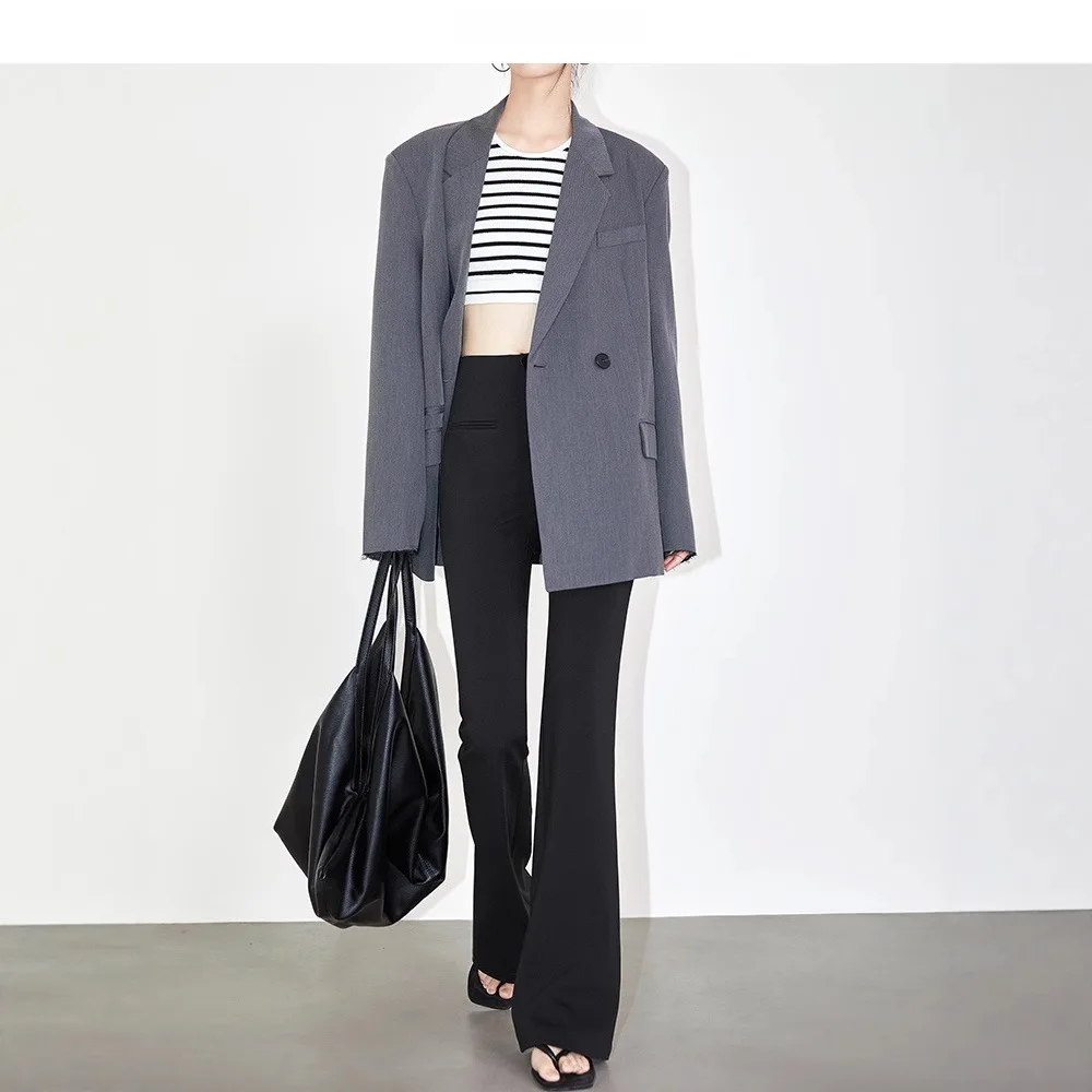 Women's Black Slim Fit Flared Pants New Office Style High Drape Premium Roman Fabric Flared Suit Trousers