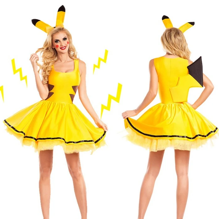Halloween Japanisches Anime-Cosplay Pikachu Ärmelloses Kleid mit Stirnband Karneval-Party-Kostüm Sexy Kleid