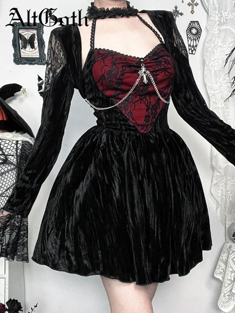 

AltGoth Dark Gothic Velvet Dress Women Y2k Aesthetic Vintage Elegant Lace Patchwork Halter Long Sleeve High Waist Corset Dress