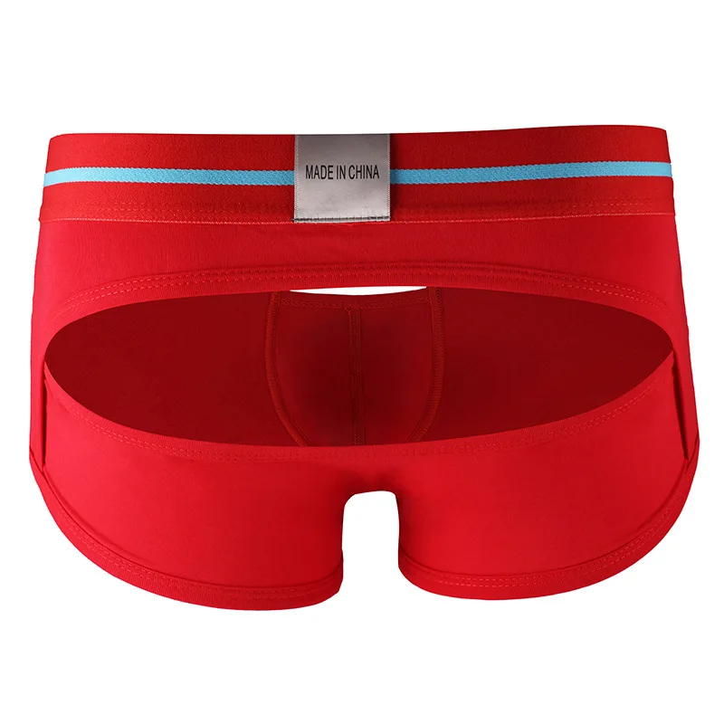 Men Boxers Open Butt Lingerie Hollow Summer Cotton Underwear Low Waist Contrasting Color Sexy Underpants U Convex Pouch Trunks