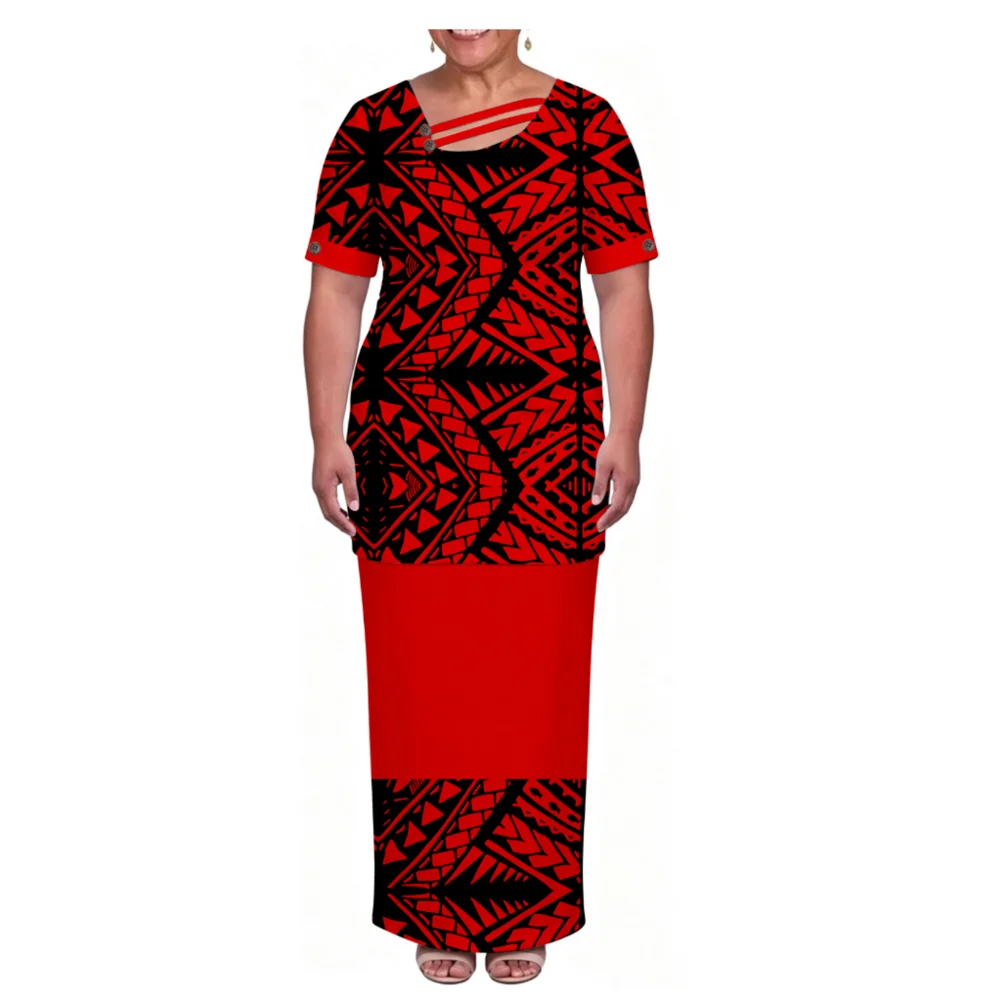 Newly Designed Island-Style Puletasi Short-Sleeved Top And Fitted Long Skirt Polynesian Samoan Tonga Buttoned Evening Dress