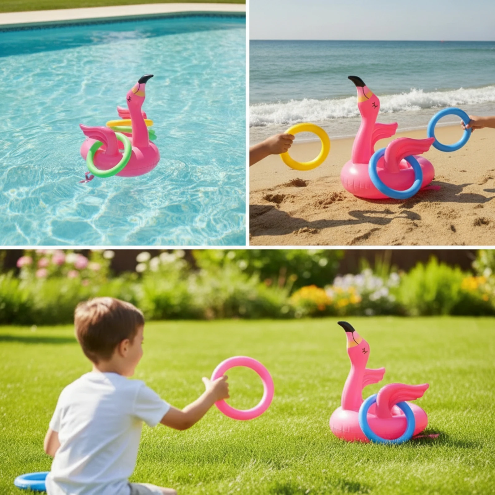 Juego de Lanzamiento de Aros Inflables con Forma de Flamenco, Juego de Lanzamiento de Aros Flotante Fácil de Inflar y Ligero para Niños, Jardín