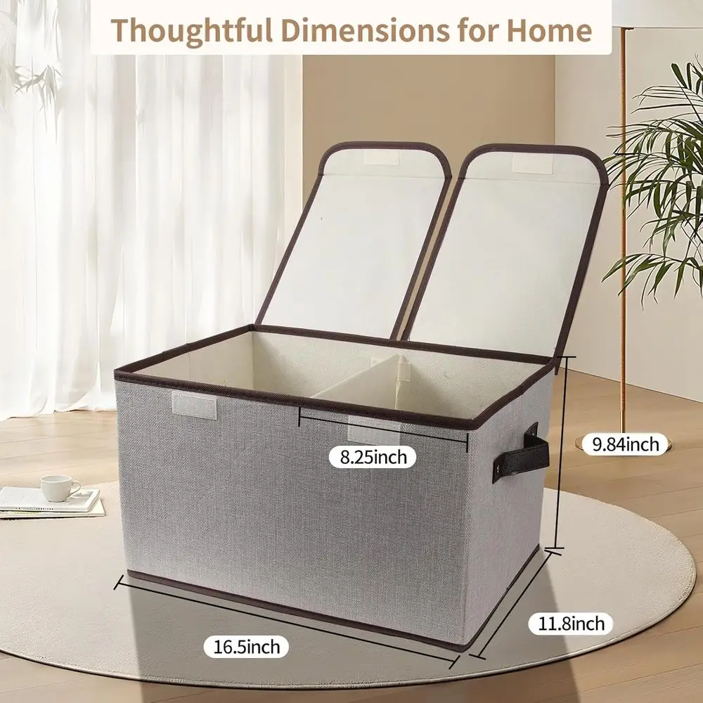 Collapsible Fabric Storage Box, 16.5 x 11.8 x 9.8, Double-Lid & Dividers, Grey, Ideal for Home, Closet, Office Organization