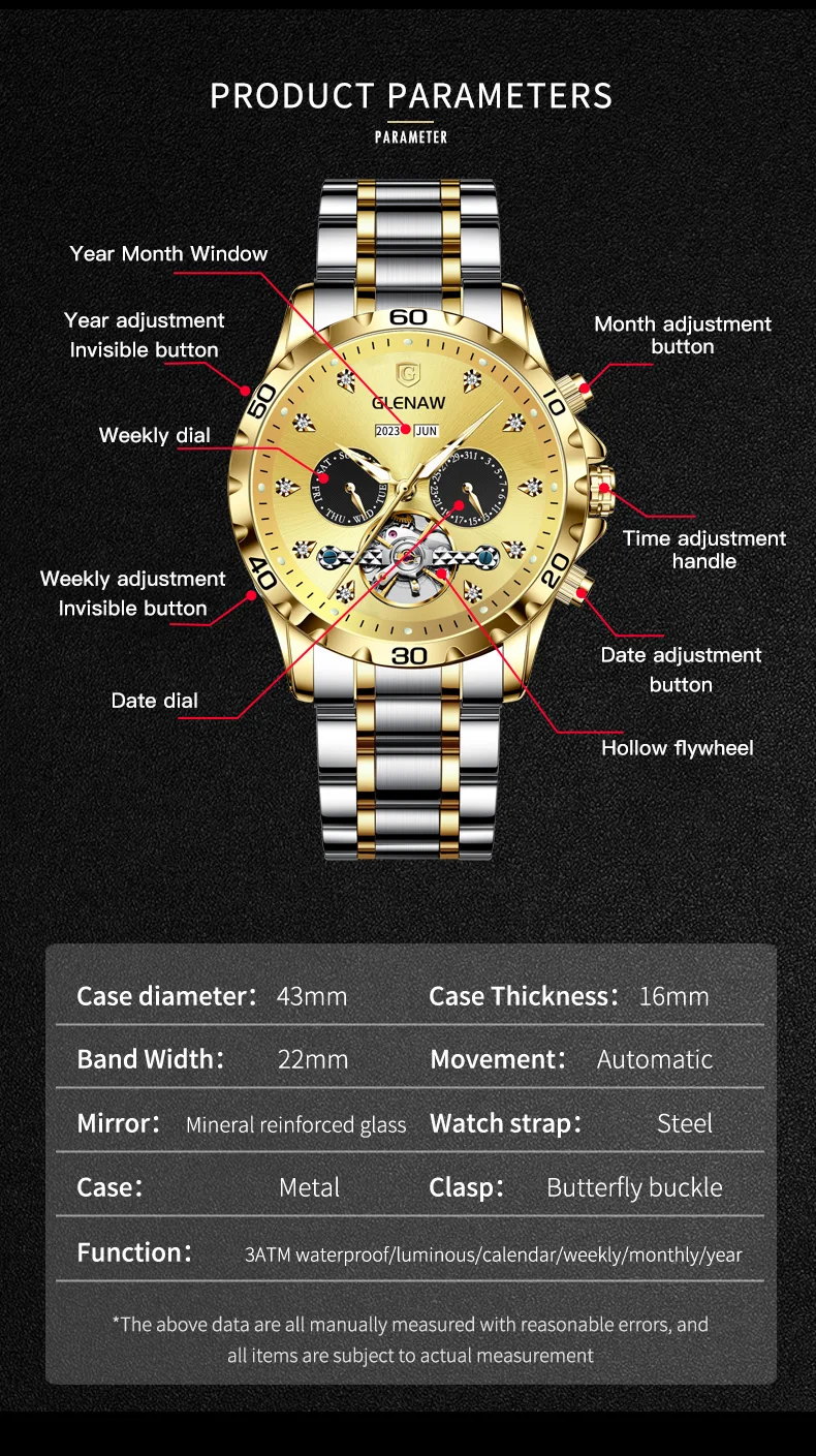 2023 greenaw orologio meccanico da uomo alla moda con quadrante diamantato cronografo multifunzionale in acciaio inossidabile impermeabile luminoso