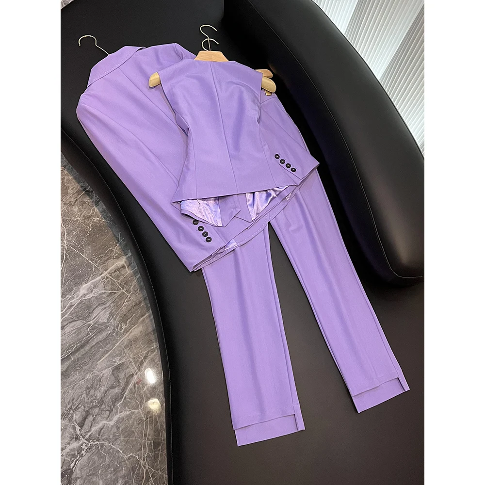 Lavender All-match Elegant Pure Color Blazer Vest Trousers High Quality Brief Style Business Office Lady 3 Pcs Set