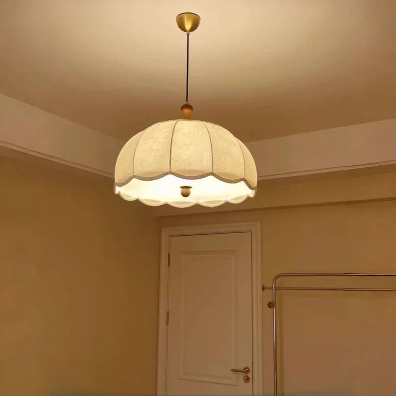 Vintage Fabric Pendant Light Cloth Lampshade Adjustable Wire Ceiling Hanging Lamp Cream Style Pendant