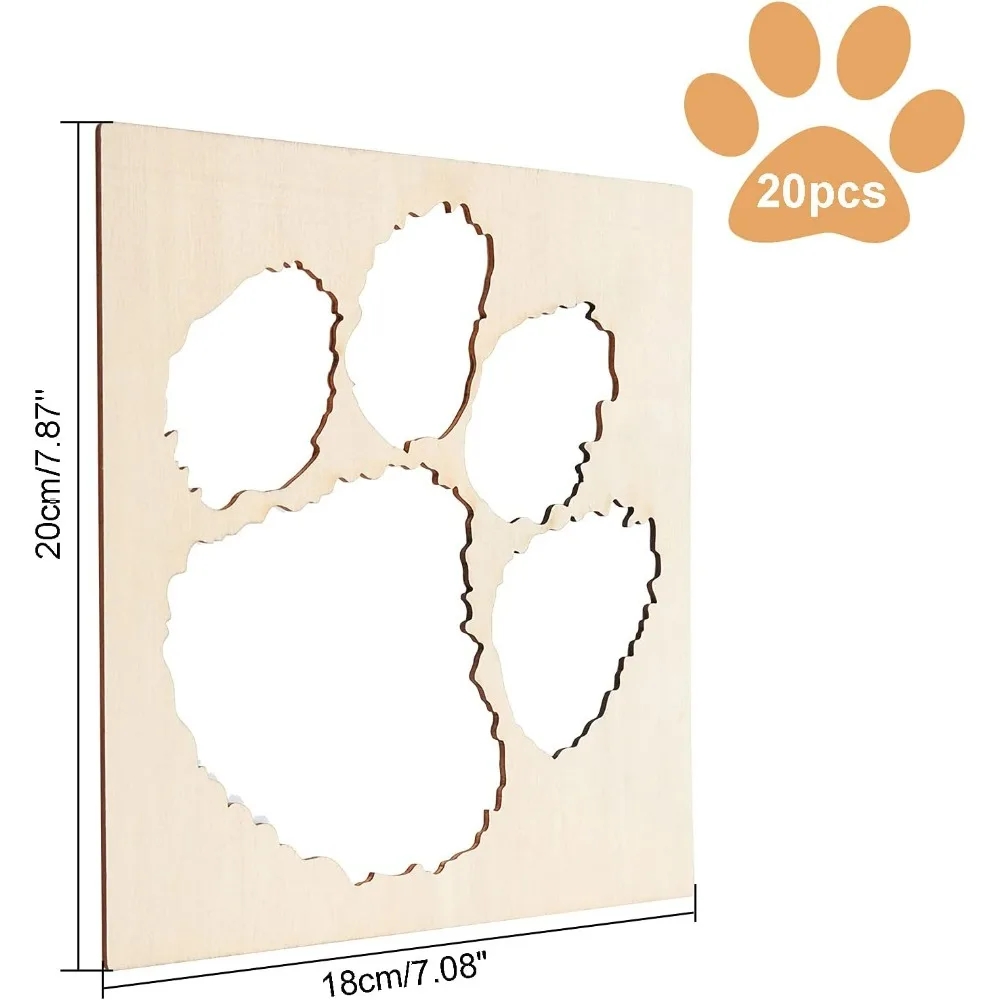 20pcs Dog Paw Print Wood Cutouts Unfinished Wood Ornament Pet Paw Wood DIY Craft Art Projects 20x18cm Wooden Cutouts for Crafts