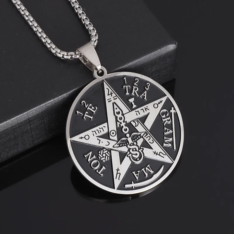 Stainless Steel Witchcraft Pentagram Necklace for Men Jewish Hebrew Four Letter Solomon Pendant Rune Amulet Jewelry