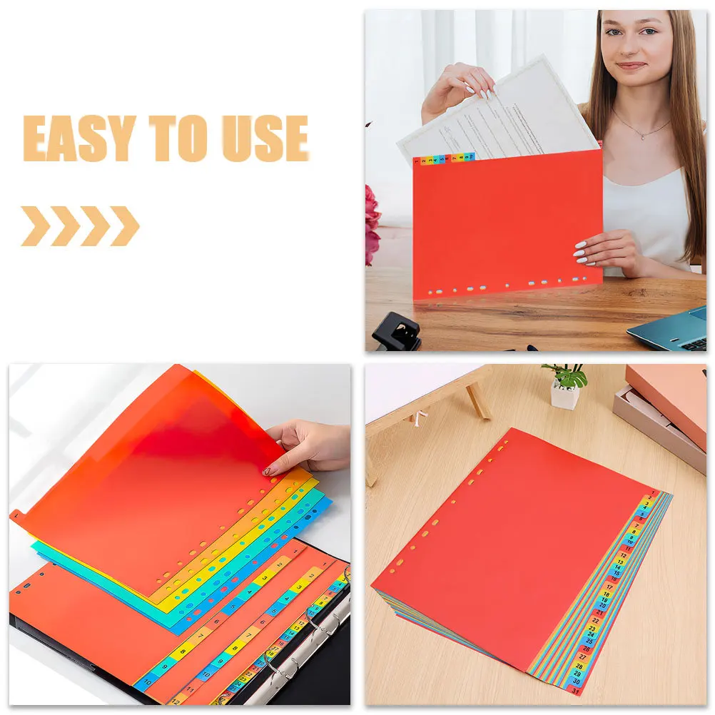2Sets A4 11 Hole Index Dividers 31 Tabs Plastic Colorful File Organizers Binder Accessories for Office Home Use