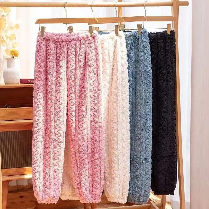 Women Sleep Bottoms Pants Solid 2024 Winter Velvet Thick Pajama Trousers Soft Warm Flannel Sleepwear Female Casual Homewear