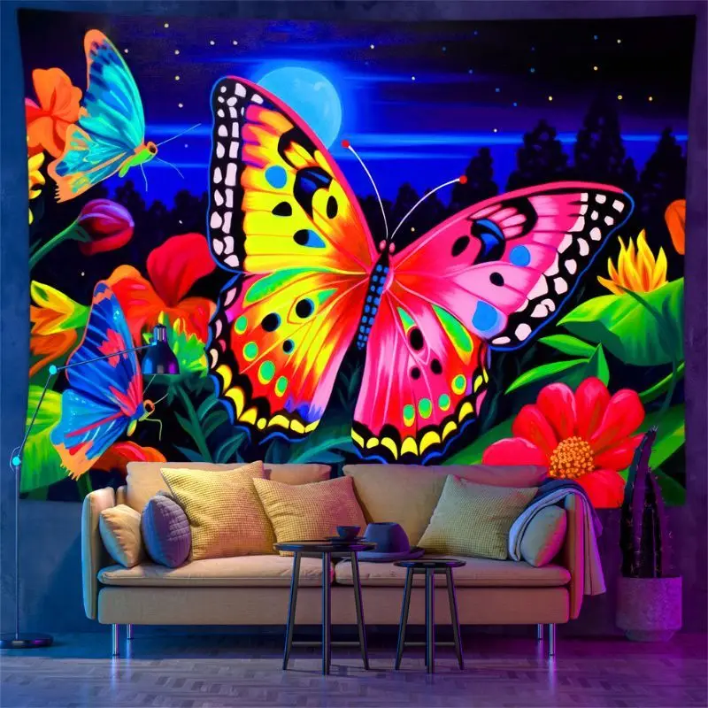 VIKAMA UV Blacklight Colorful Butterfly Flower Fluorescent Tapestry Psychedelic Neon Wall Hanging Bedroom Dorm Decor