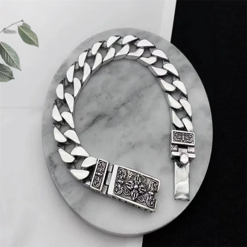 

S925 Premium Diamond Pestle Silver Bracelet Men's Personality Vintage Thai Silver Fashion Overlord Trend New