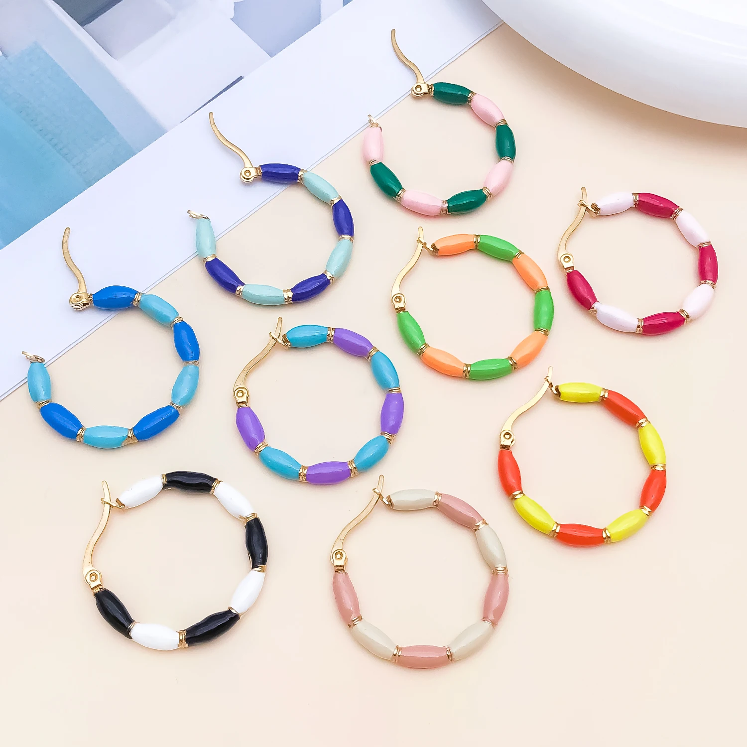 2 pieces of stainless steel earrings, bamboo knot circular colored earrings suitable for women's daily jewelry accessories