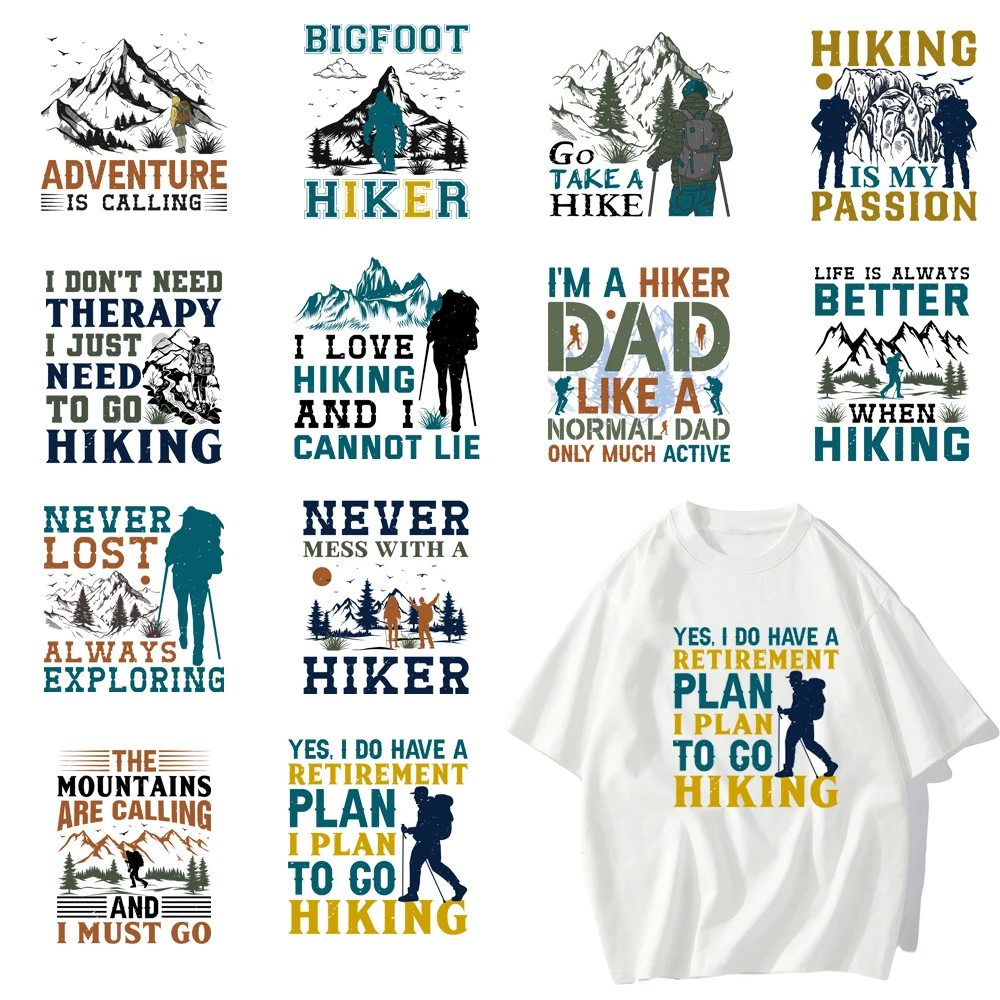 12 types Vintage Trendy Hiking Climber Letters DTF Thermo Sticker Decals Heat Transfer Clothes Clothing Crafts Diy Accessory