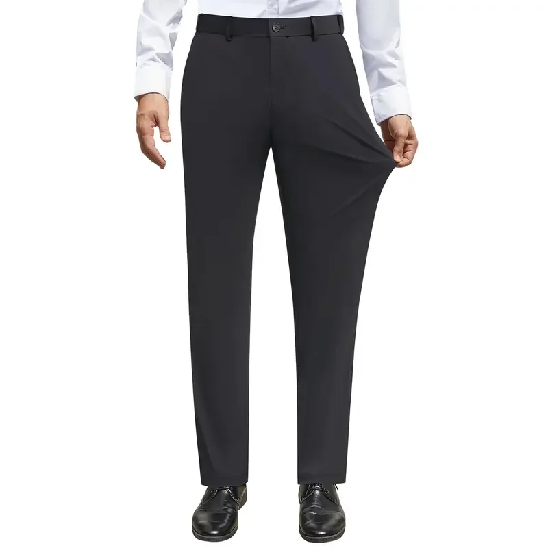 

Men Slim Straight Formal Trousers Elastic Waist Polyester Pants Wrinkle Resistant Easy Care Business Wear Black Navy