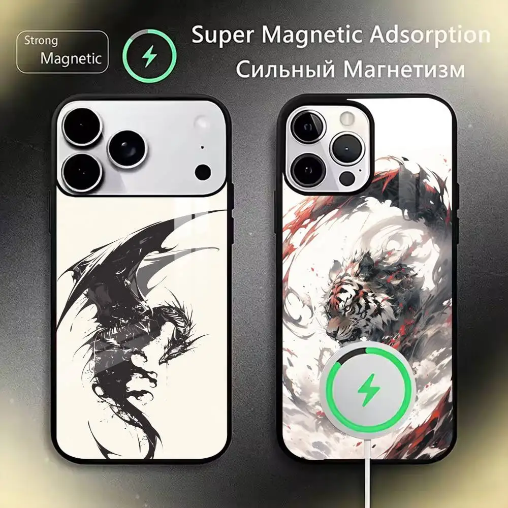 

Mythical Beast Dragon Tiger Art Phone Case For iPhone17,16,15,14,13,12,11 Plus,Pro Magnetic For Magsafe Wireless Charging