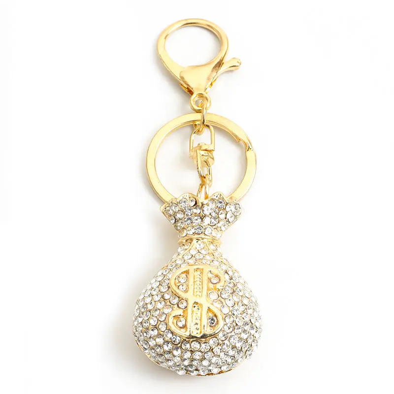 Exquisite Rhinestones Inlaid Dollar Sign Money Bag Keychain Trendy Jewelry Lucky Bag Keyring Bag Car Keys Decoration Accessory