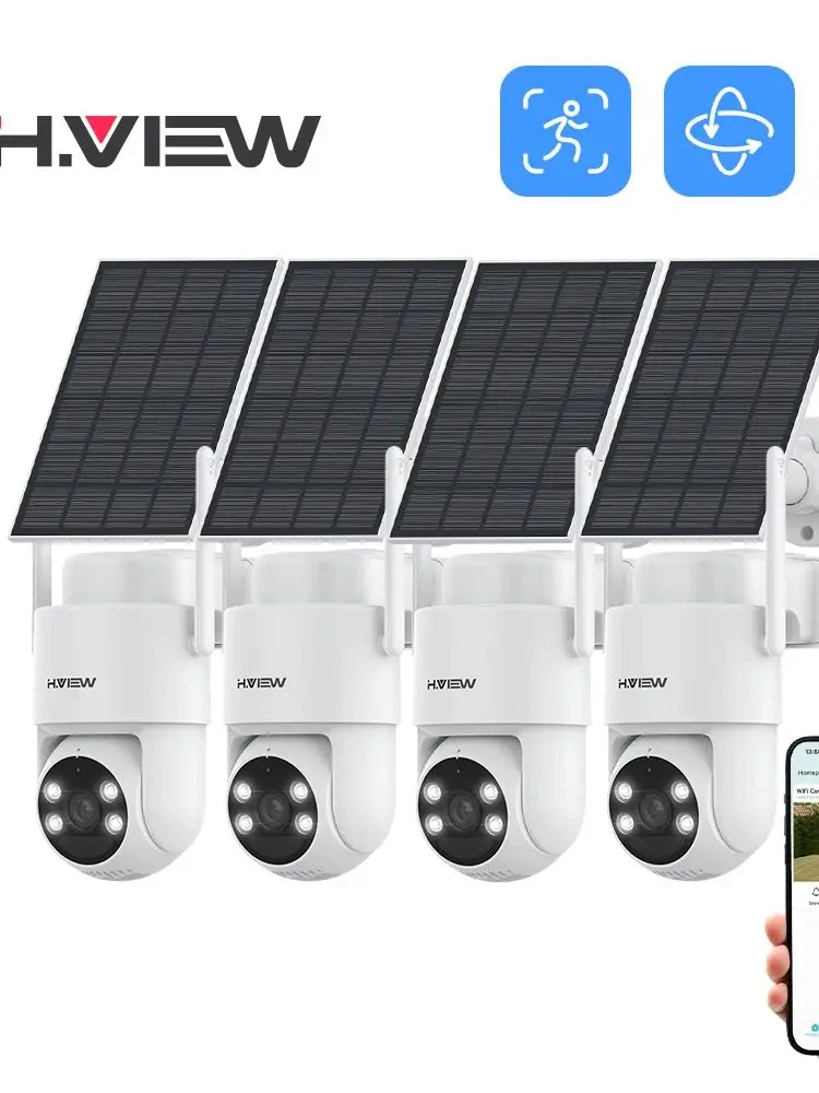 

H.VIEW 4 шт. PIR камера с питанием от батареи, беспроводная уличная камера, 2K 3MP PTZ Wi-Fi камера с солнечной панелью, двустороннее аудио, водонепроницаемая