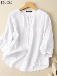 Women Cotton Shirt ZANZEA Oversize Chemise Autumn Blouse Vintage O Neck 3/4 Sleeve Solid Tunic Tops Fashion Buttons Down Blusas