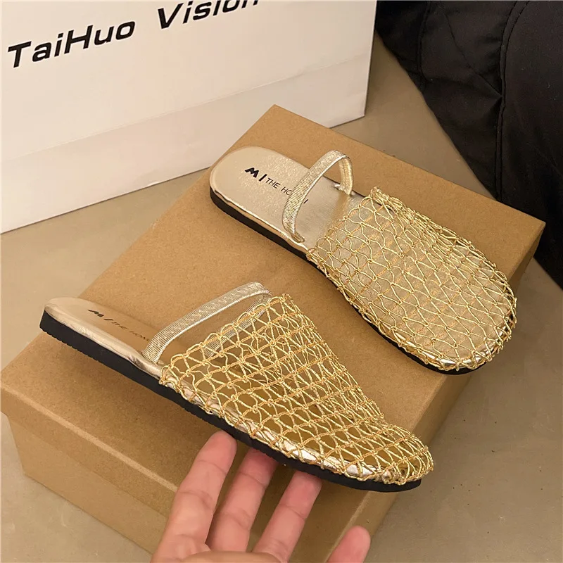 Summer Band Weaving Slip-On Slippers Fashion Round Head Shallow Sandals Party Shoes Casual Comfortable Fishnet Shoes