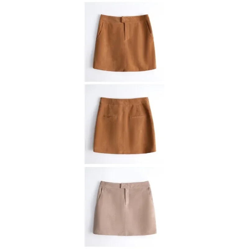 Spring and Autumn new simple leather skirt, high-waisted imported goat velvet versatile hip skirt for women