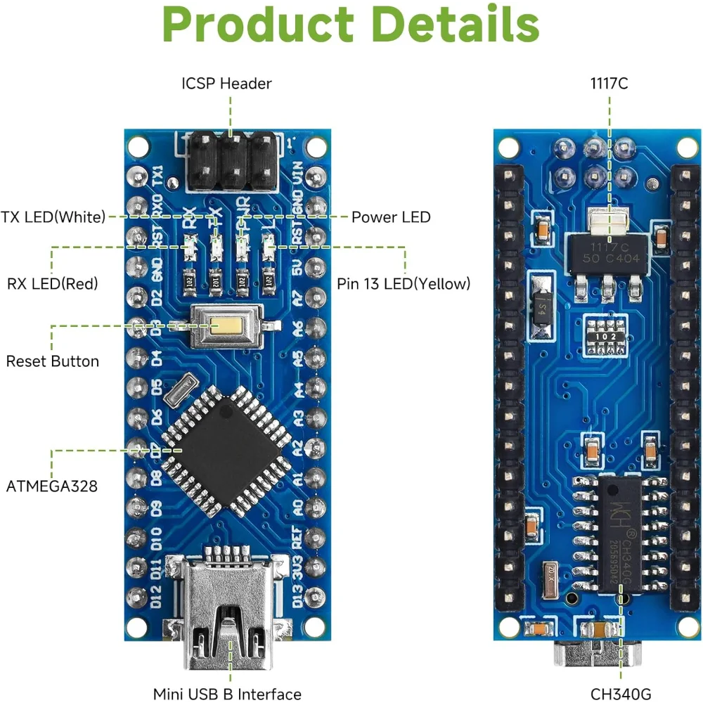 لوحة تحكم دقيقة Mini Nano V3.0 ATmega328P مع كابل USB + لوحة توسيع Nano V3.0 IO Shield، متوافقة مع Arduino