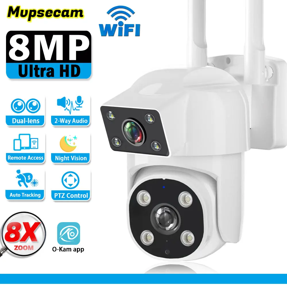

Умная IP-камера с PTZ, Wi-Fi, 4K, 8 Мп, двойной объектив, 8-кратный зум, ии, обнаружение человека, 360 беспроводная наружная камера видеонаблюдения, автоматическое отслеживание