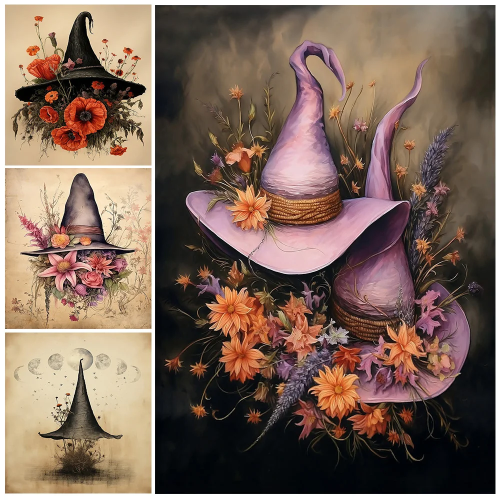 

Two Witch Hats Surrounded By Flowers Vintage Wall Art Canvas Painting Witch Hat Fantasy Witchcraft Art Poster Print Home Decor